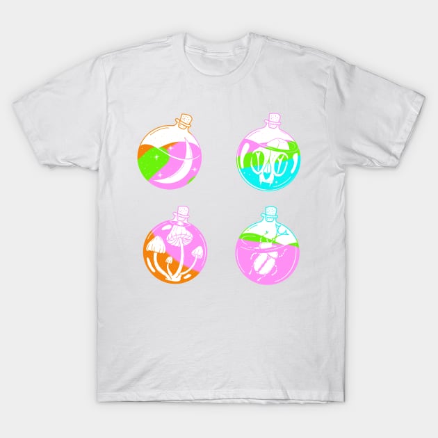 4 potion viles with a moon, cat skull, mushrooms and a scarabey inside cute gift T-Shirt by AnanasArt